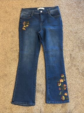 Dark Blue Floral-Embroidered Flare Jeans